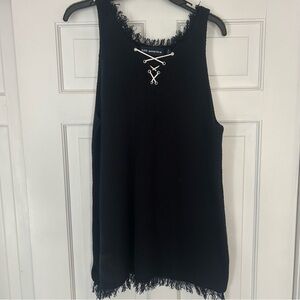 525 America Navy Tank Top with Fringe and Lace-Up Detail